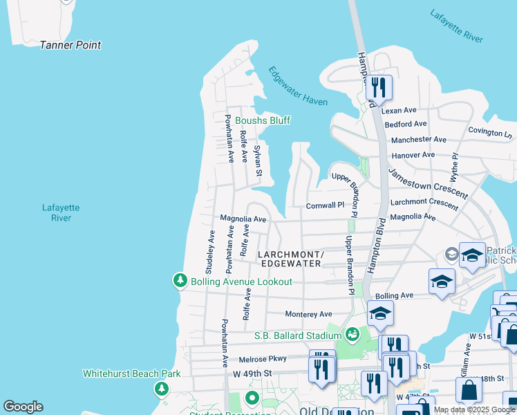 map of restaurants, bars, coffee shops, grocery stores, and more near 5929 Glenhaven Crescent in Norfolk