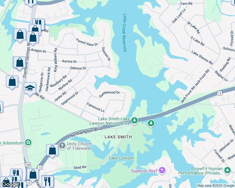 map of restaurants, bars, coffee shops, grocery stores, and more near 5413 Sunnywood Drive in Virginia Beach