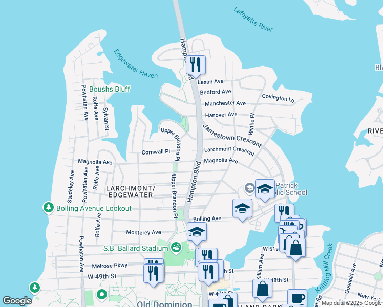 map of restaurants, bars, coffee shops, grocery stores, and more near 1211 Larchmont Crescent in Norfolk