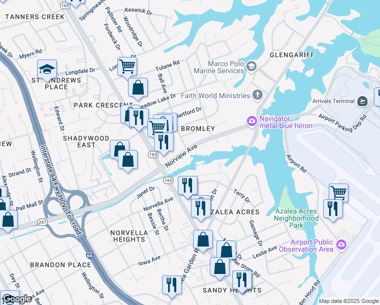 map of restaurants, bars, coffee shops, grocery stores, and more near 1801 Norview Avenue in Norfolk