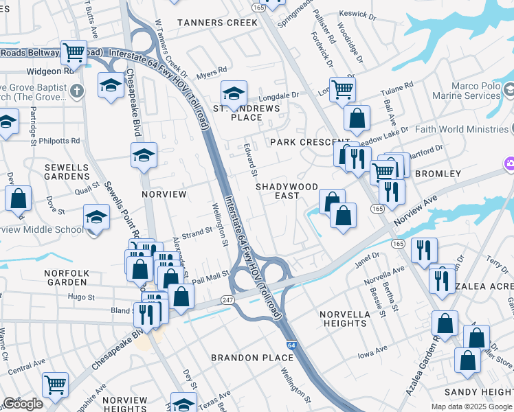 map of restaurants, bars, coffee shops, grocery stores, and more near 1360 Strand Street in Norfolk