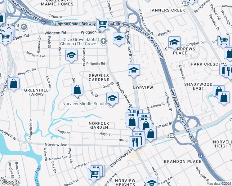 map of restaurants, bars, coffee shops, grocery stores, and more near 6349 Sewells Point Road in Norfolk