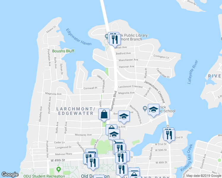map of restaurants, bars, coffee shops, grocery stores, and more near 5905 Hampton Boulevard in Norfolk