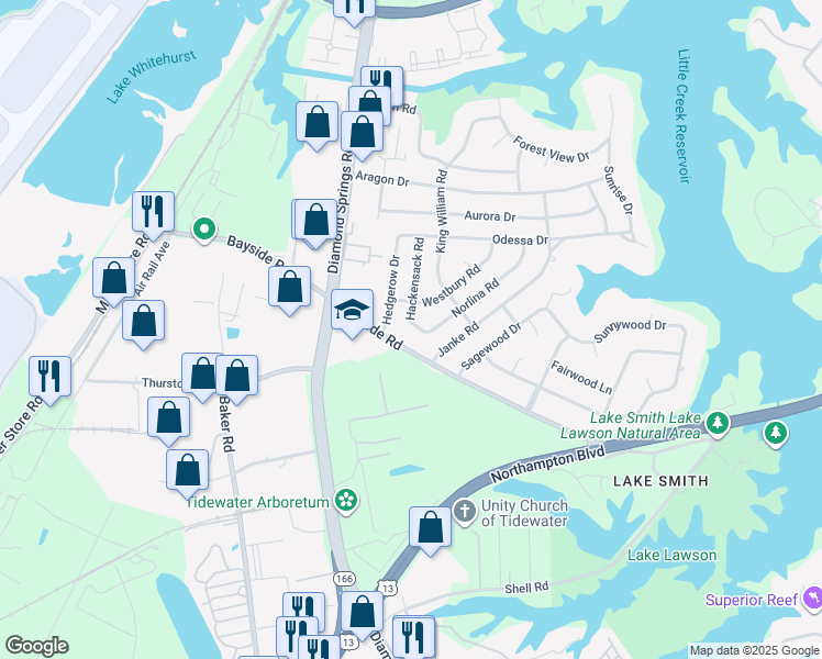 map of restaurants, bars, coffee shops, grocery stores, and more near 5636 Norlina Road in Virginia Beach