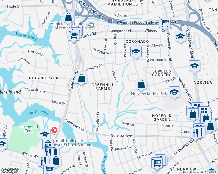 map of restaurants, bars, coffee shops, grocery stores, and more near 6337 Glenoak Drive in Norfolk
