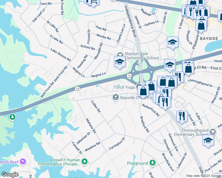 map of restaurants, bars, coffee shops, grocery stores, and more near 5285 Bardith Circle in Virginia Beach