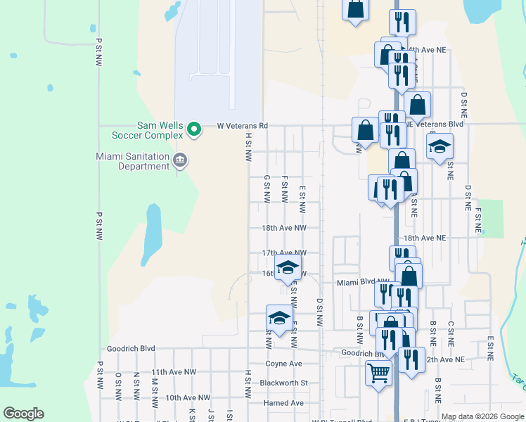 map of restaurants, bars, coffee shops, grocery stores, and more near 1815 G Street Northwest in Miami