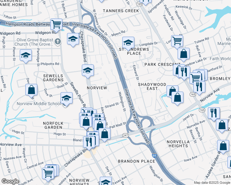 map of restaurants, bars, coffee shops, grocery stores, and more near 6325 Wellington Street in Norfolk