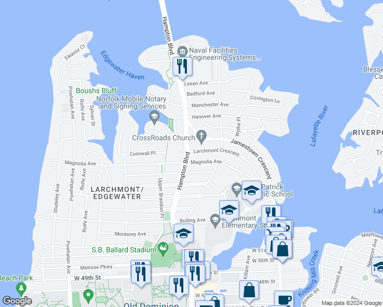 map of restaurants, bars, coffee shops, grocery stores, and more near 5912 Hampton Boulevard in Norfolk