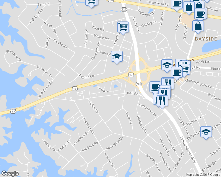 map of restaurants, bars, coffee shops, grocery stores, and more near 5253 Bardith Circle in Virginia Beach