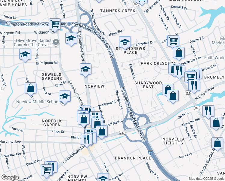 map of restaurants, bars, coffee shops, grocery stores, and more near 6325 Wellington Street in Norfolk