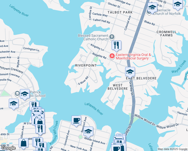 map of restaurants, bars, coffee shops, grocery stores, and more near 6057 Newport Crescent in Norfolk