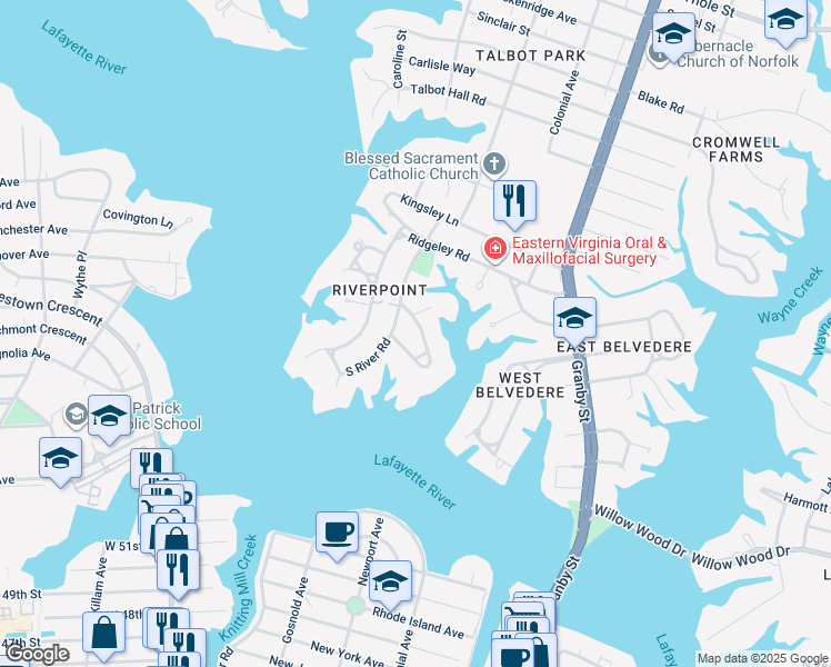 map of restaurants, bars, coffee shops, grocery stores, and more near 6057 Newport Crescent in Norfolk