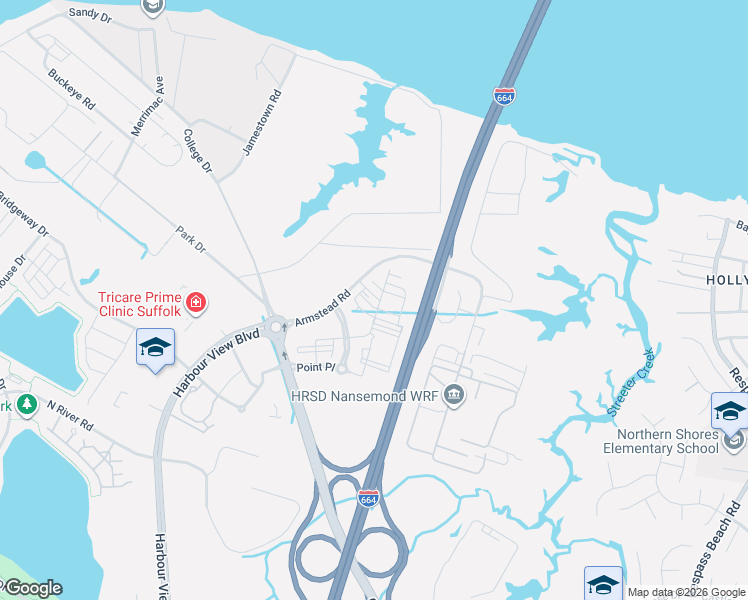 map of restaurants, bars, coffee shops, grocery stores, and more near 6500 College Drive in Suffolk