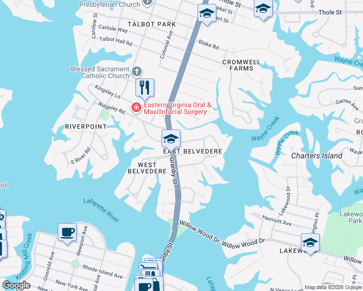 map of restaurants, bars, coffee shops, grocery stores, and more near 106 Belvedere Road in Norfolk