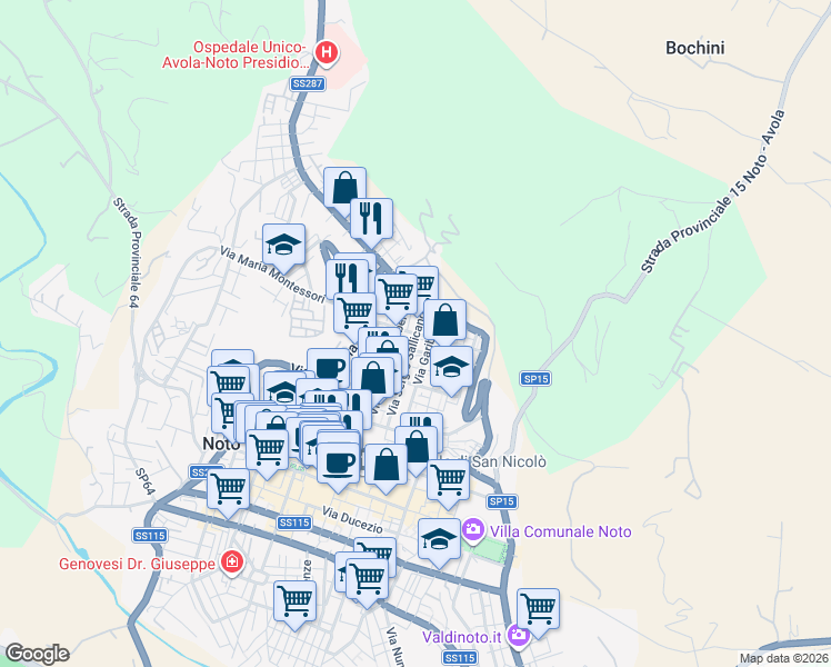 map of restaurants, bars, coffee shops, grocery stores, and more near Vico Milazzo in Noto