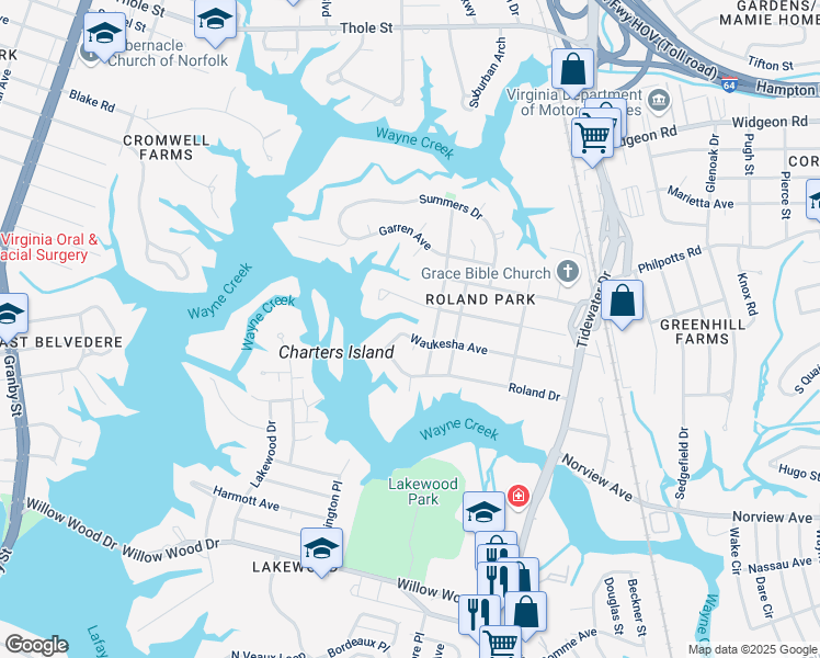 map of restaurants, bars, coffee shops, grocery stores, and more near 6301 Tappahannock Drive in Norfolk