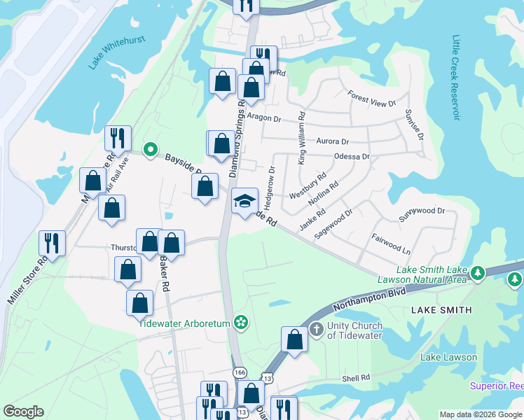 map of restaurants, bars, coffee shops, grocery stores, and more near 1501 Hedgerow Drive in Virginia Beach