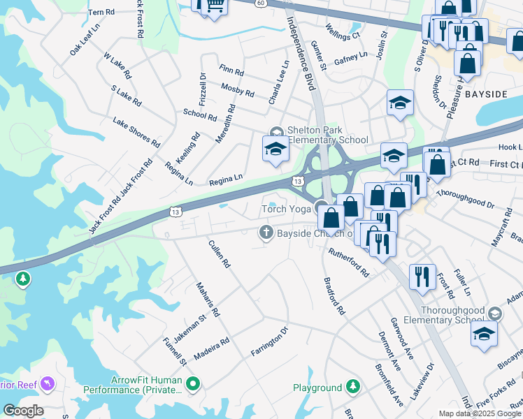 map of restaurants, bars, coffee shops, grocery stores, and more near 5332 Bardith Circle in Virginia Beach