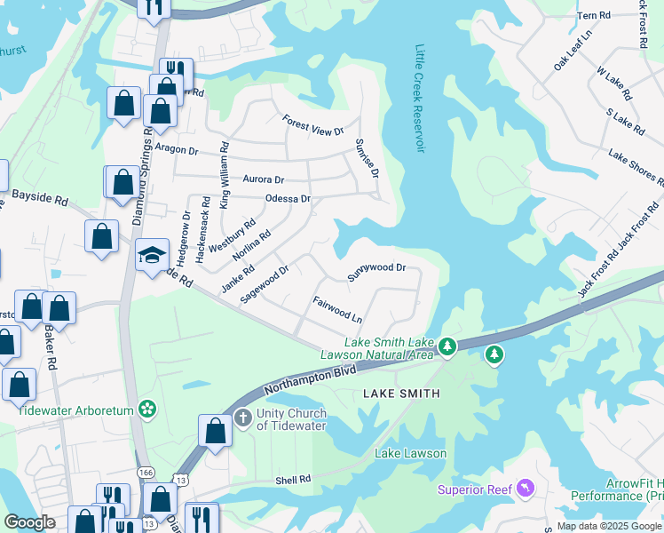 map of restaurants, bars, coffee shops, grocery stores, and more near 5501 Sunnywood Drive in Virginia Beach