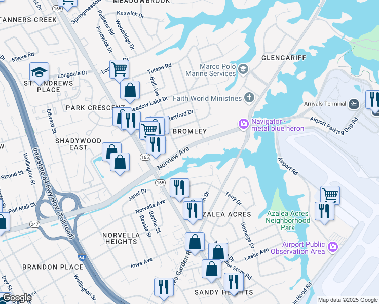 map of restaurants, bars, coffee shops, grocery stores, and more near 1801 Norview Avenue in Norfolk