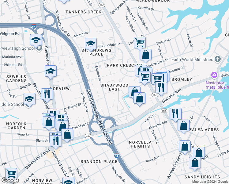 map of restaurants, bars, coffee shops, grocery stores, and more near 1454 Shadywood Road in Norfolk