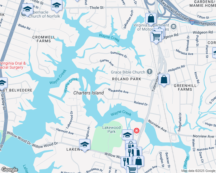 map of restaurants, bars, coffee shops, grocery stores, and more near 6301 Tappahannock Drive in Norfolk