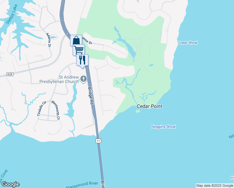 map of restaurants, bars, coffee shops, grocery stores, and more near 8016 Quail Hollow in Suffolk