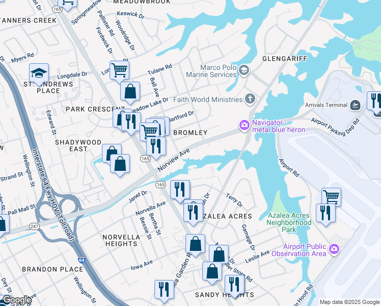 map of restaurants, bars, coffee shops, grocery stores, and more near 1801 Norview Avenue in Norfolk