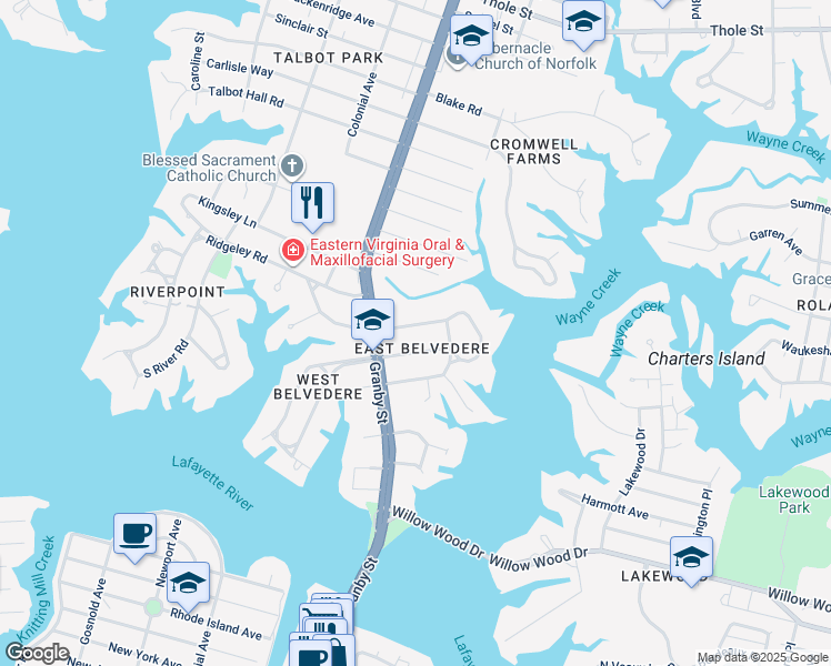 map of restaurants, bars, coffee shops, grocery stores, and more near 107 Windham Road in Norfolk