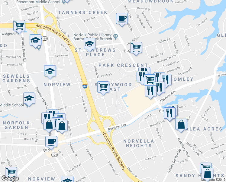 map of restaurants, bars, coffee shops, grocery stores, and more near 1415 Lois Lane in Norfolk