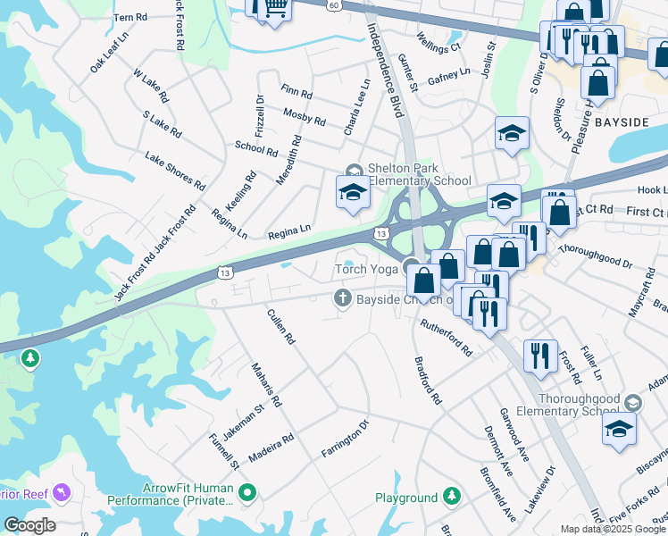 map of restaurants, bars, coffee shops, grocery stores, and more near 5332 Bardith Circle in Virginia Beach