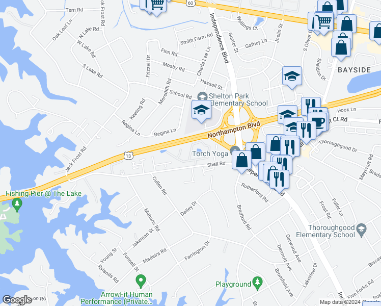 map of restaurants, bars, coffee shops, grocery stores, and more near 5253 Bardith Circle in Virginia Beach