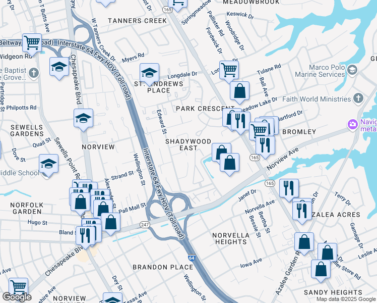 map of restaurants, bars, coffee shops, grocery stores, and more near 1415 Lois Lane in Norfolk