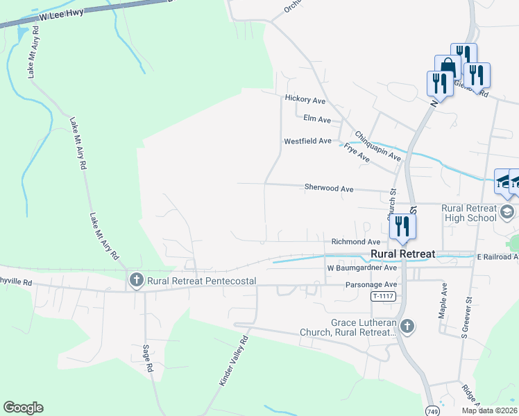 map of restaurants, bars, coffee shops, grocery stores, and more near 268 Richfield Street in Rural Retreat