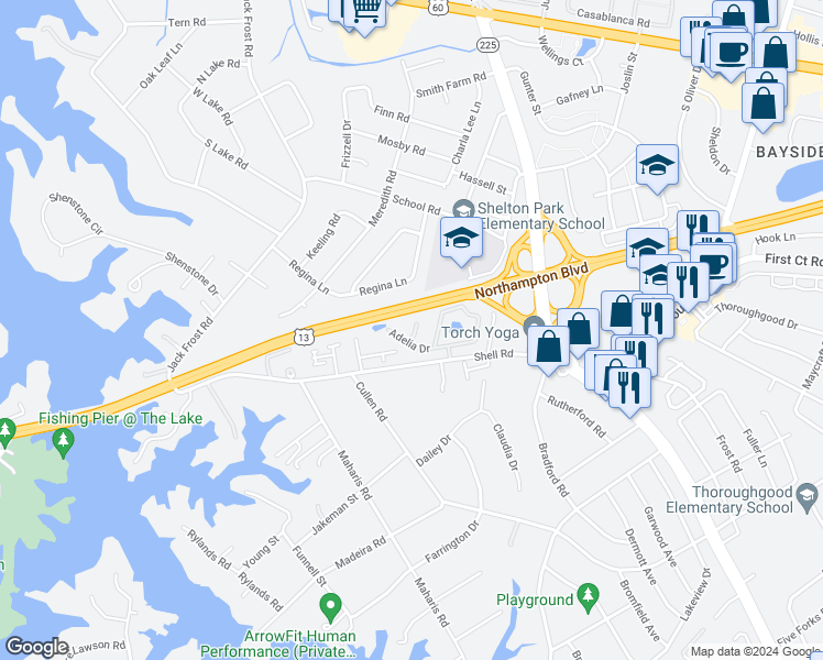 map of restaurants, bars, coffee shops, grocery stores, and more near 1645 Lucia Court in Virginia Beach