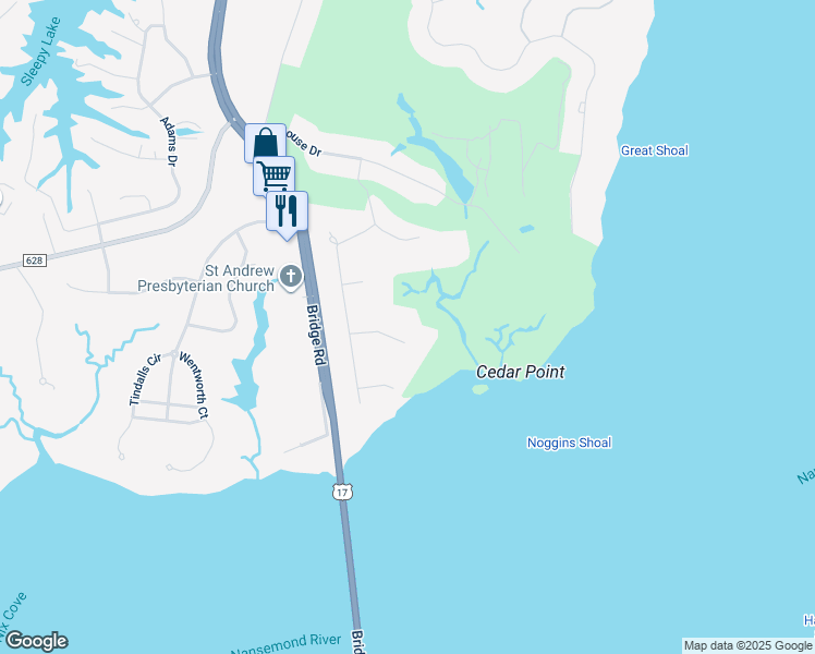 map of restaurants, bars, coffee shops, grocery stores, and more near 8016 Quail Hollow in Suffolk