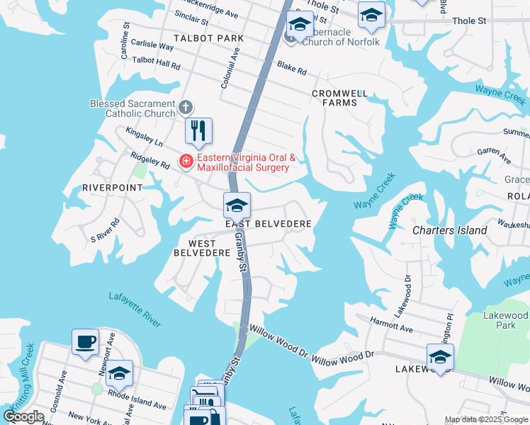 map of restaurants, bars, coffee shops, grocery stores, and more near 107 Windham Road in Norfolk