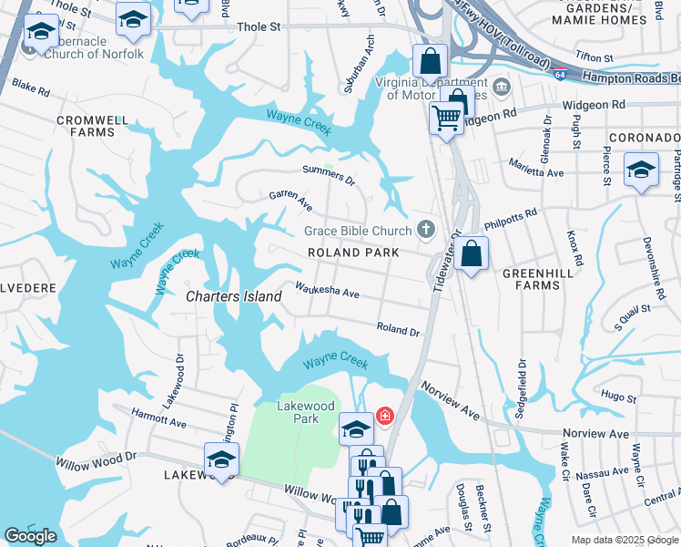 map of restaurants, bars, coffee shops, grocery stores, and more near 610 Waukesha Avenue in Norfolk