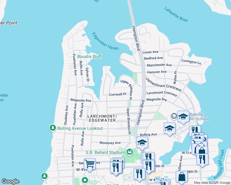 map of restaurants, bars, coffee shops, grocery stores, and more near 1346 Cornwall Place in Norfolk