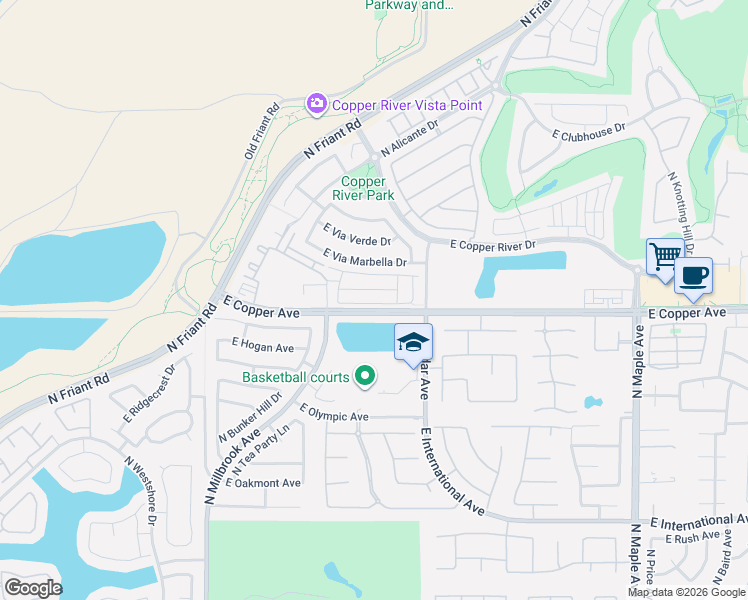 map of restaurants, bars, coffee shops, grocery stores, and more near 1402 East Via Dorata Way in Fresno