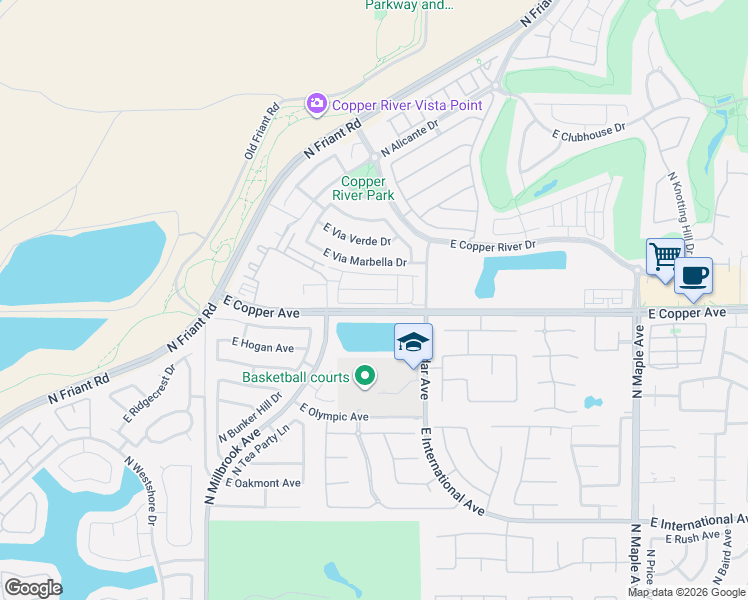 map of restaurants, bars, coffee shops, grocery stores, and more near 1402 East Via Dorata Way in Fresno