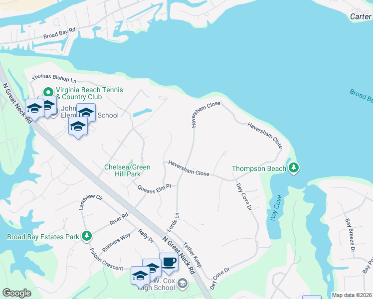 map of restaurants, bars, coffee shops, grocery stores, and more near 2212 Haversham Close in Virginia Beach