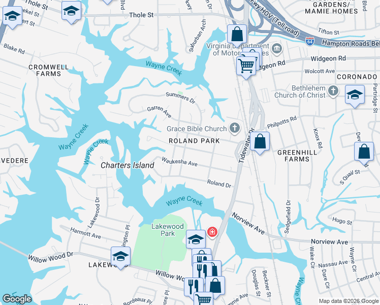 map of restaurants, bars, coffee shops, grocery stores, and more near 610 Waukesha Avenue in Norfolk