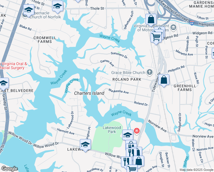 map of restaurants, bars, coffee shops, grocery stores, and more near 6243 Saranac Avenue in Norfolk