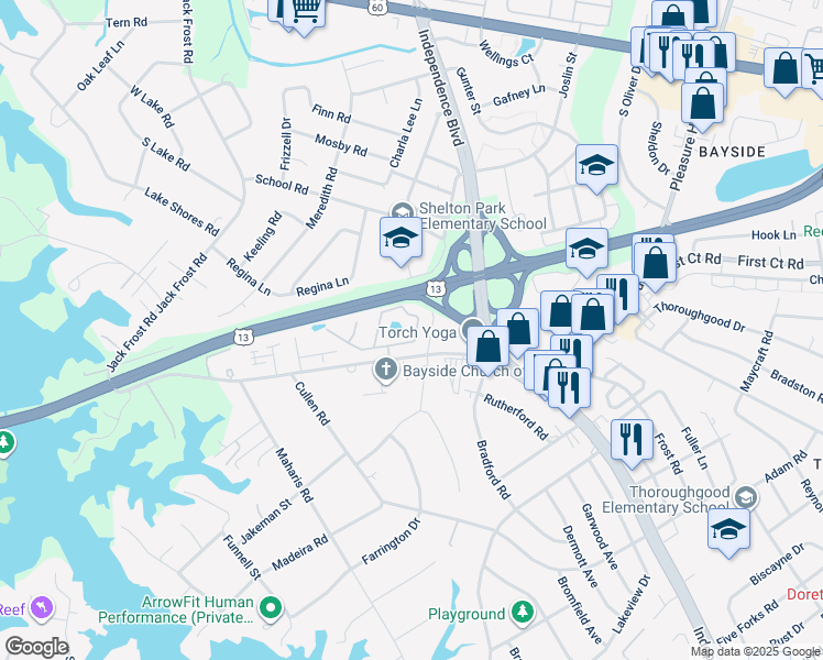 map of restaurants, bars, coffee shops, grocery stores, and more near 5260 Bardith Circle in Virginia Beach