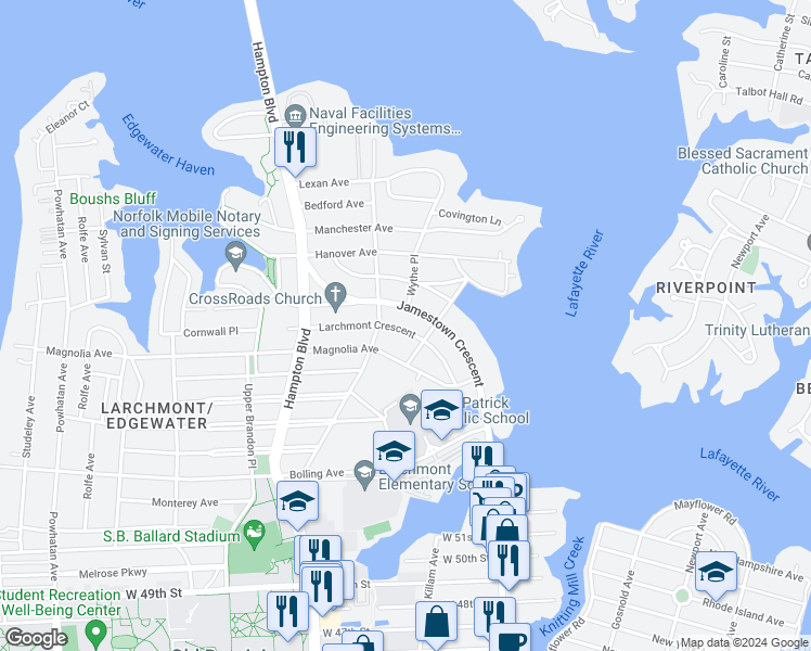 map of restaurants, bars, coffee shops, grocery stores, and more near 1020 Larchmont Crescent in Norfolk