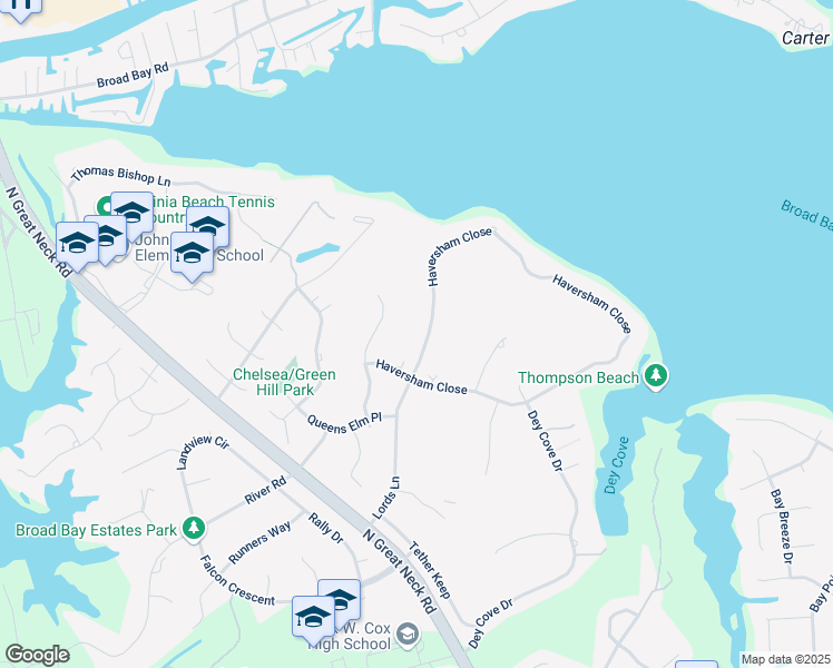 map of restaurants, bars, coffee shops, grocery stores, and more near 2212 Haversham Close in Virginia Beach
