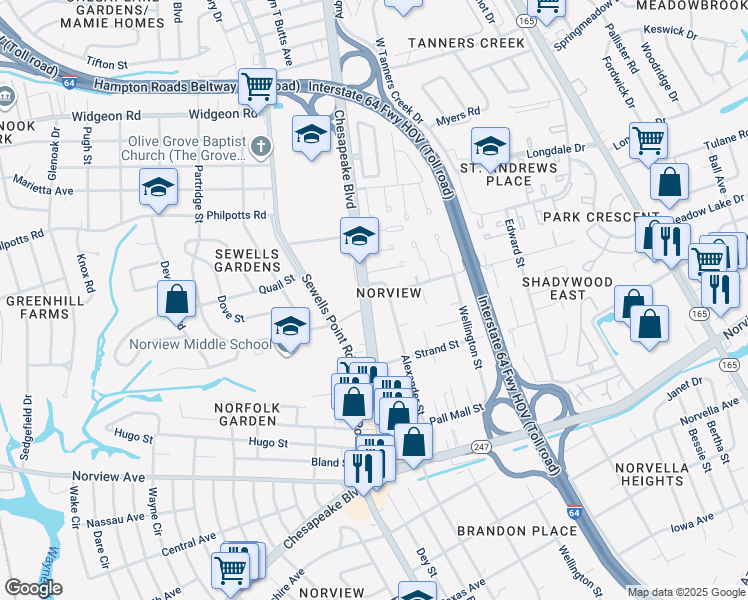 map of restaurants, bars, coffee shops, grocery stores, and more near 6360 Chesapeake Boulevard in Norfolk