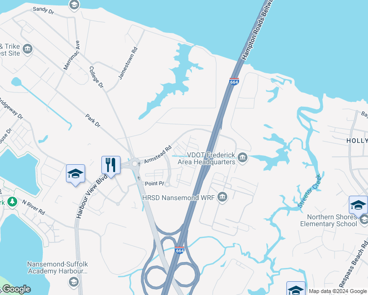 map of restaurants, bars, coffee shops, grocery stores, and more near 1215 Gunboat Drive in Suffolk